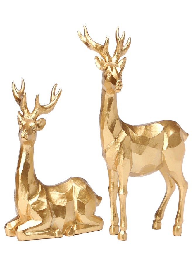 NEWLIGHTURE Golden Reindeer Christmas Figurines Set of 2, Resin Golden Tabletop Christmas Reindeer, Metallic Gold Reindeer Decor for Holiday Tabletop, Mantel, and Shelf Elegant Deer Christmas Decor - Image 1